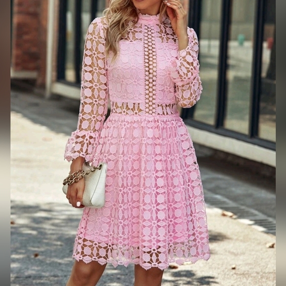 NEW Chic Embroidered Sheer Lace High Neck Party Dress Light Pink - Picture 2 of 8